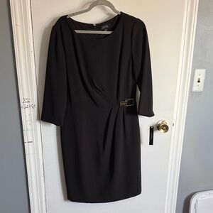 Tahari Black Long Sleeve Sheath Dress with Decorative Buckle